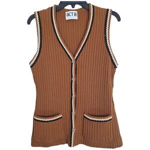 Vintage Indie Russet Wool Blend Button Down V Neck Vest w Pockets S ACT III